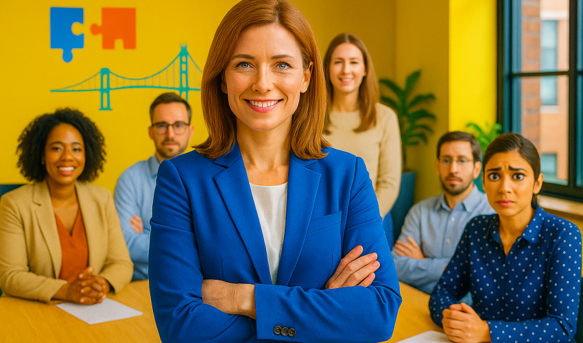 A confident woman in a royal blue suit stands at the forefront of a modern office meeting room, arms crossed and smiling directly at the camera. Behind her, a diverse group of five colleagues is seated and standing around a table, displaying a range of ex